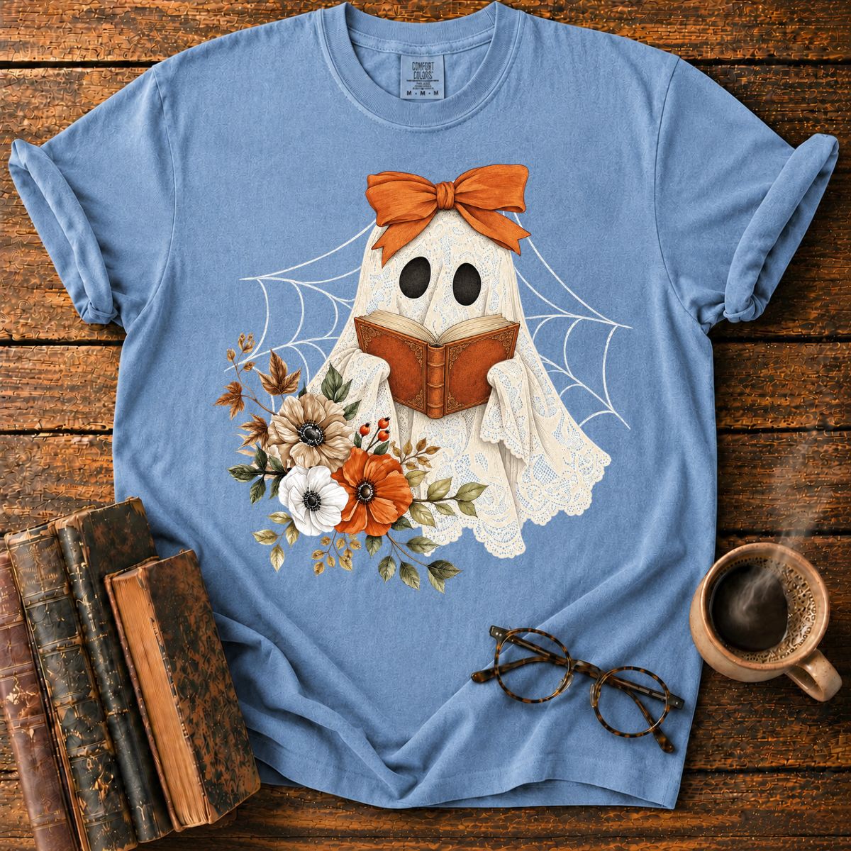 Lace Ghost Reads Among Autumn Flowers T-Shirt