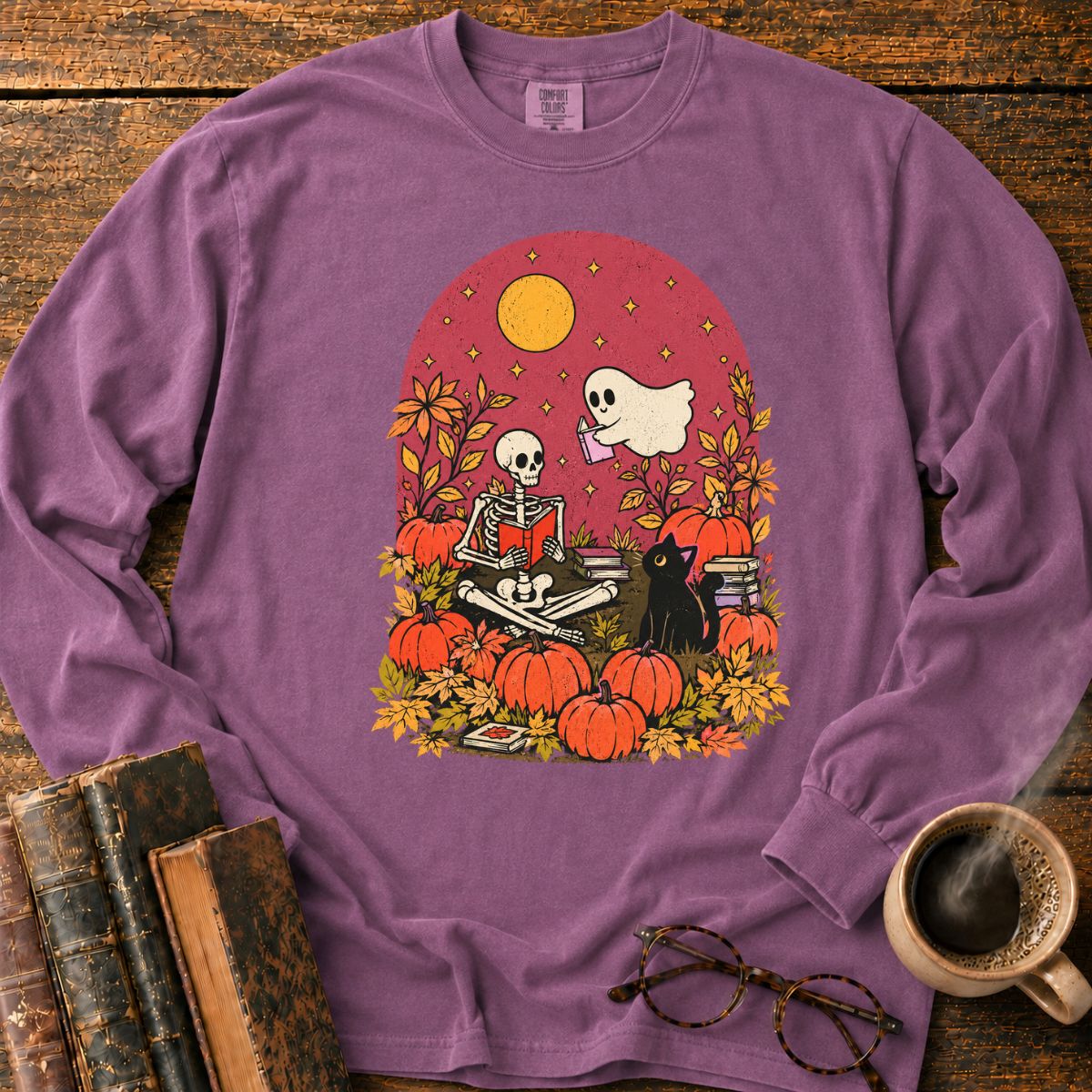 Skeleton Ghost Reading LS T-Shirt