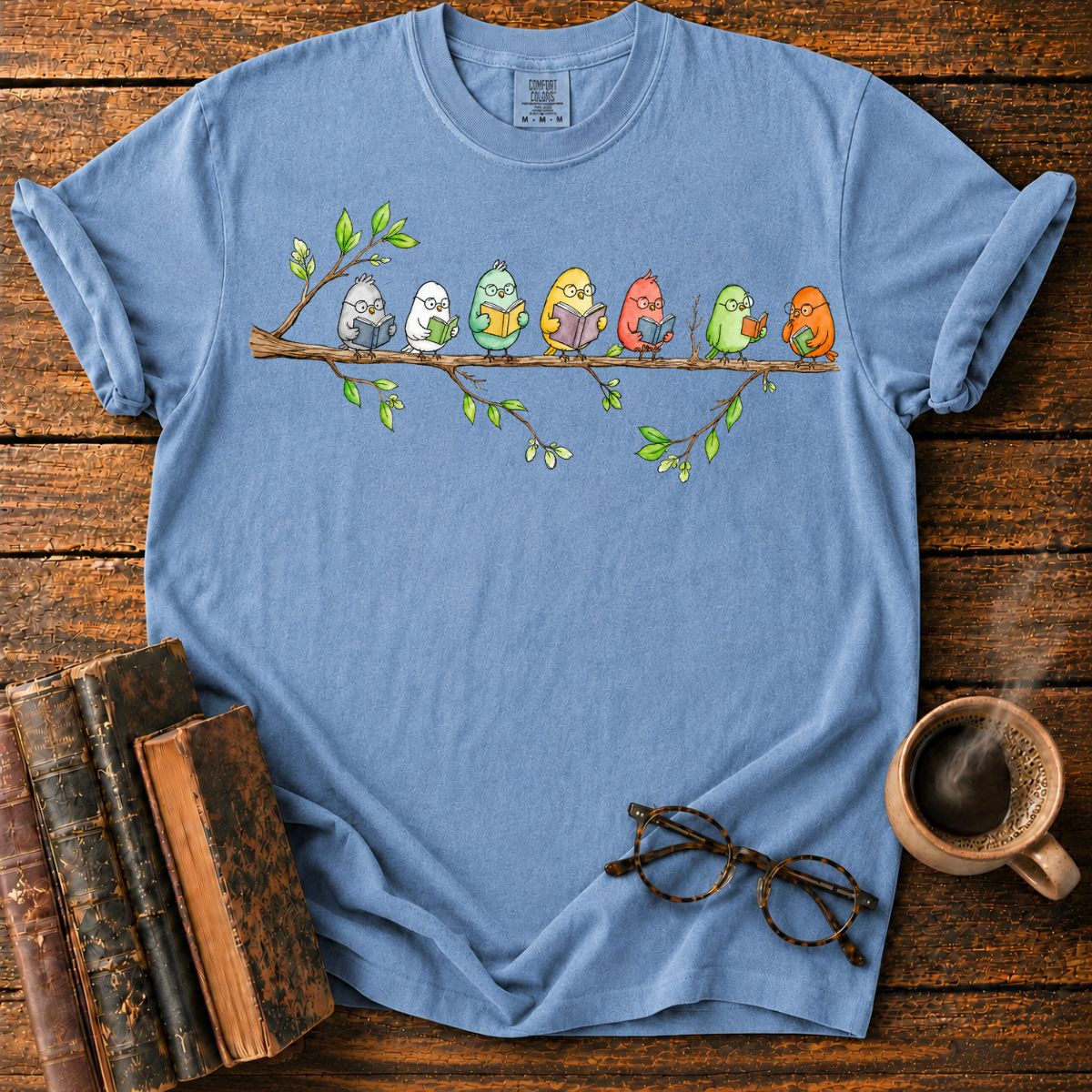 Seven Studious Birds on a Leafy Branch T-Shirt