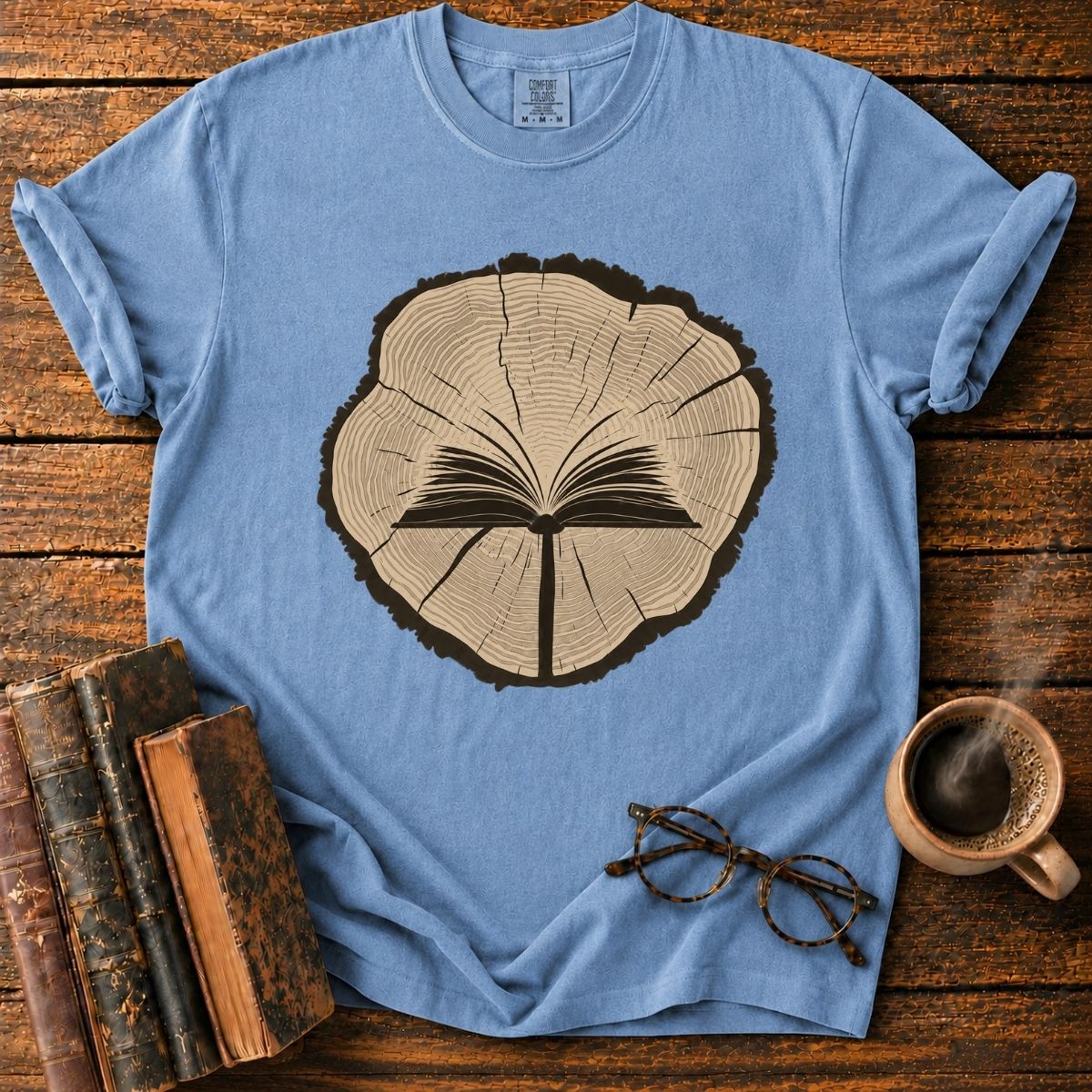 Open Book in a Wood Slice T-Shirt