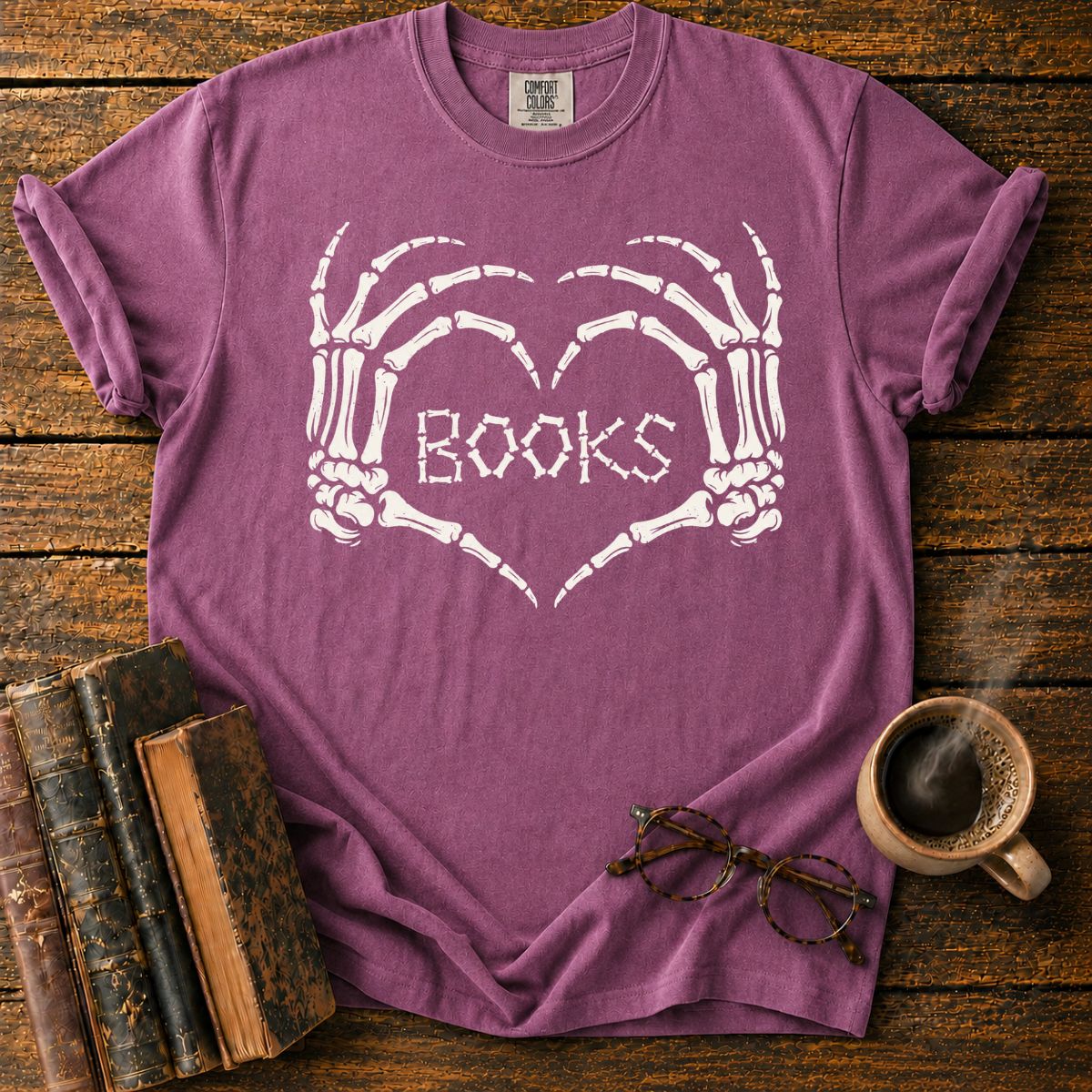 Skeleton Hands Heart Books T-Shirt