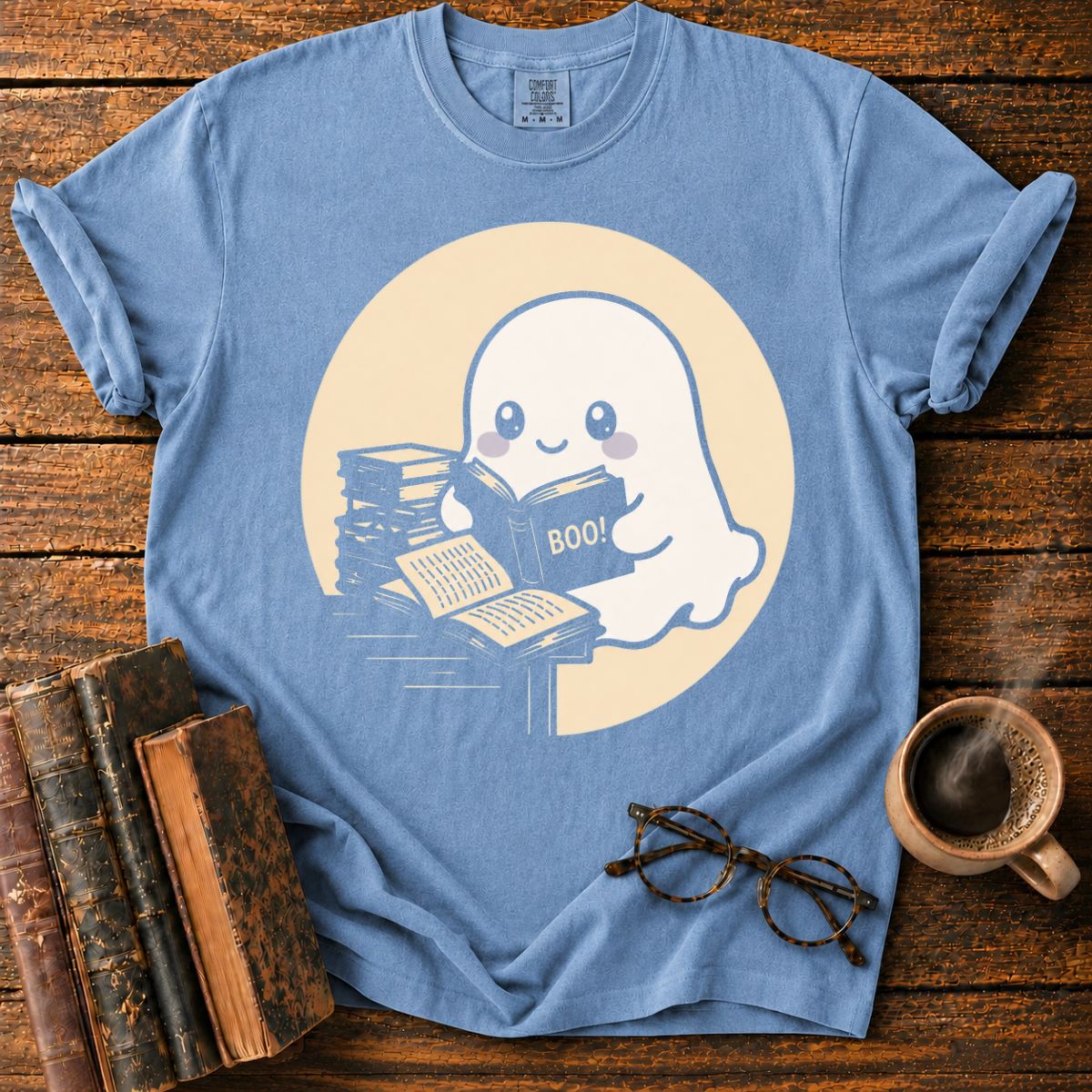 Kawaii Ghost Reading Books T-Shirt