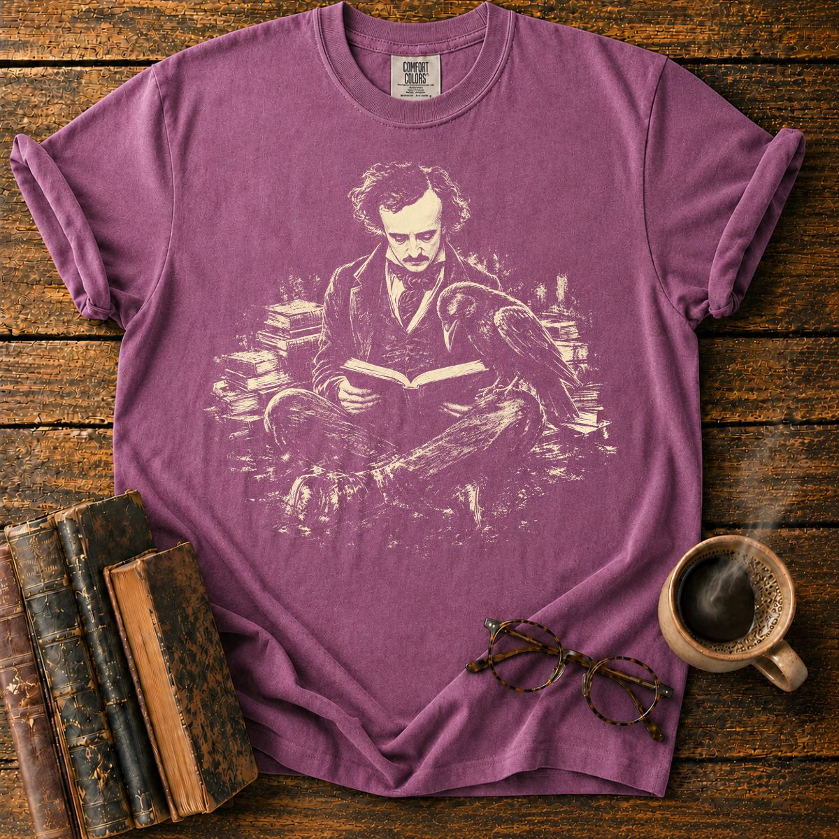 Edgar Allan Poe Reading With Raven T-Shirt