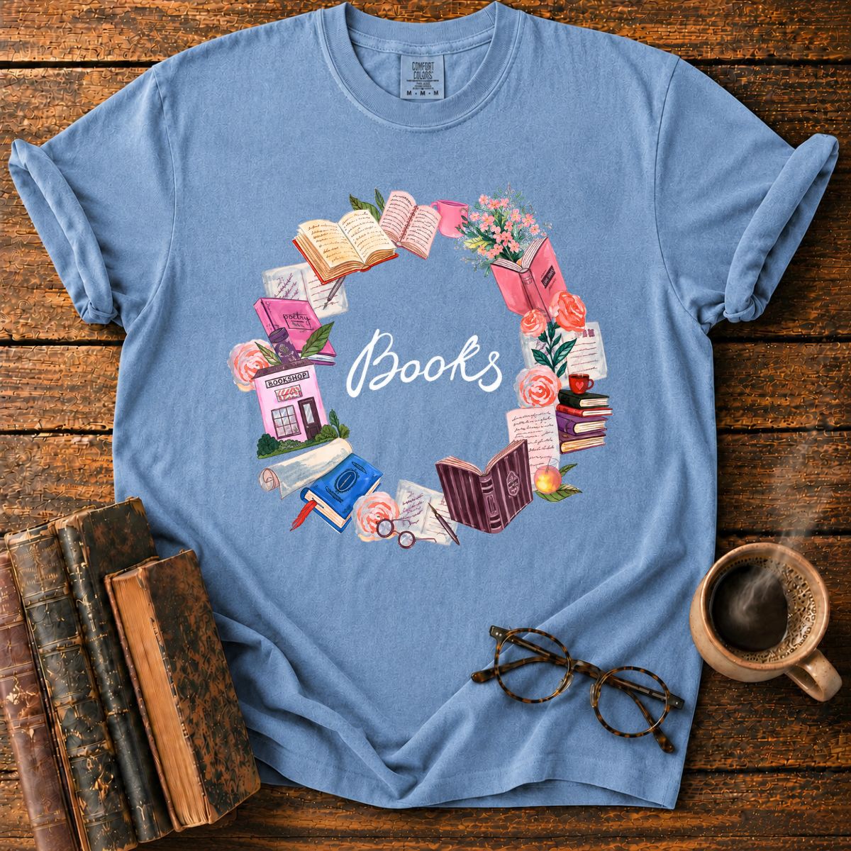 Pastel Books and Blooms Wreath T-Shirt