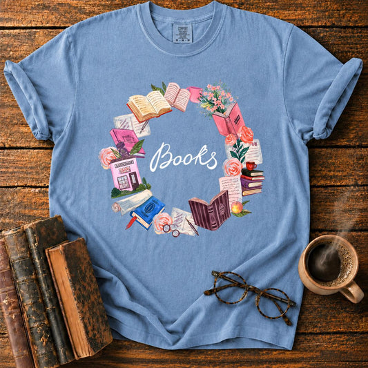 Pastel Books and Blooms Wreath T-Shirt