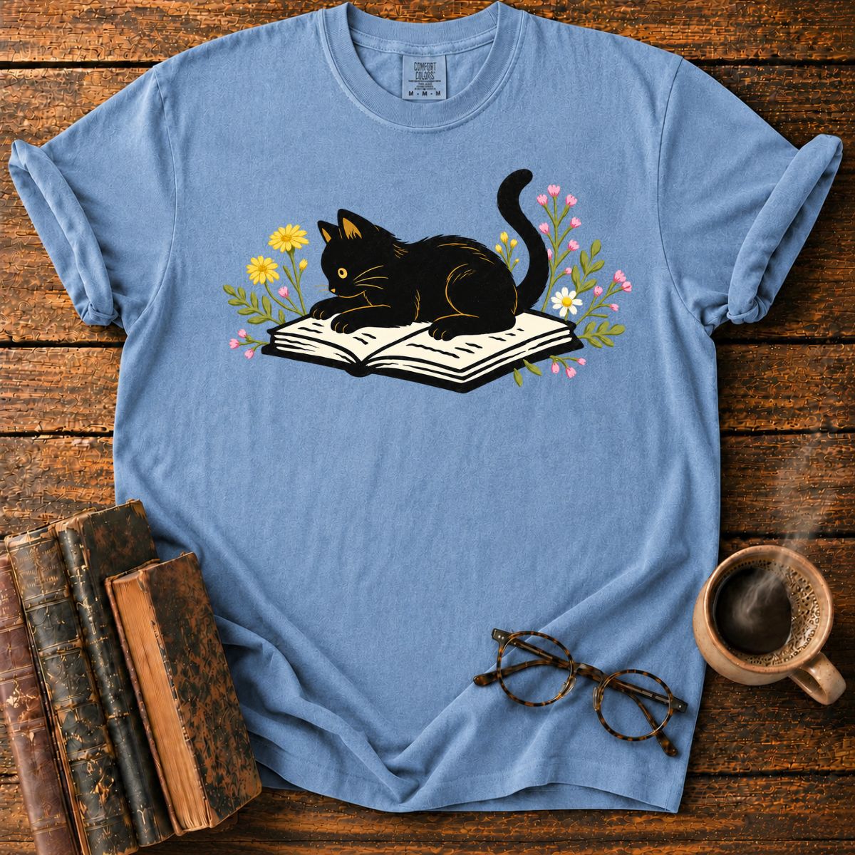 Cat Reading Among Flowers T-Shirt
