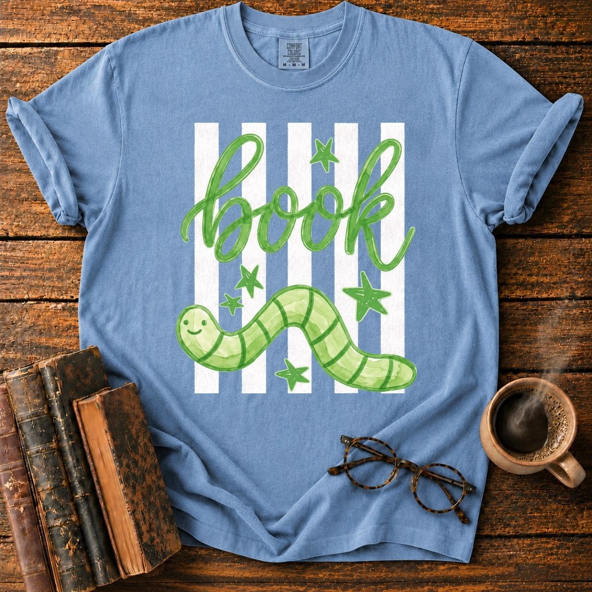 Green Bookworm on Pink Stripes T-Shirt