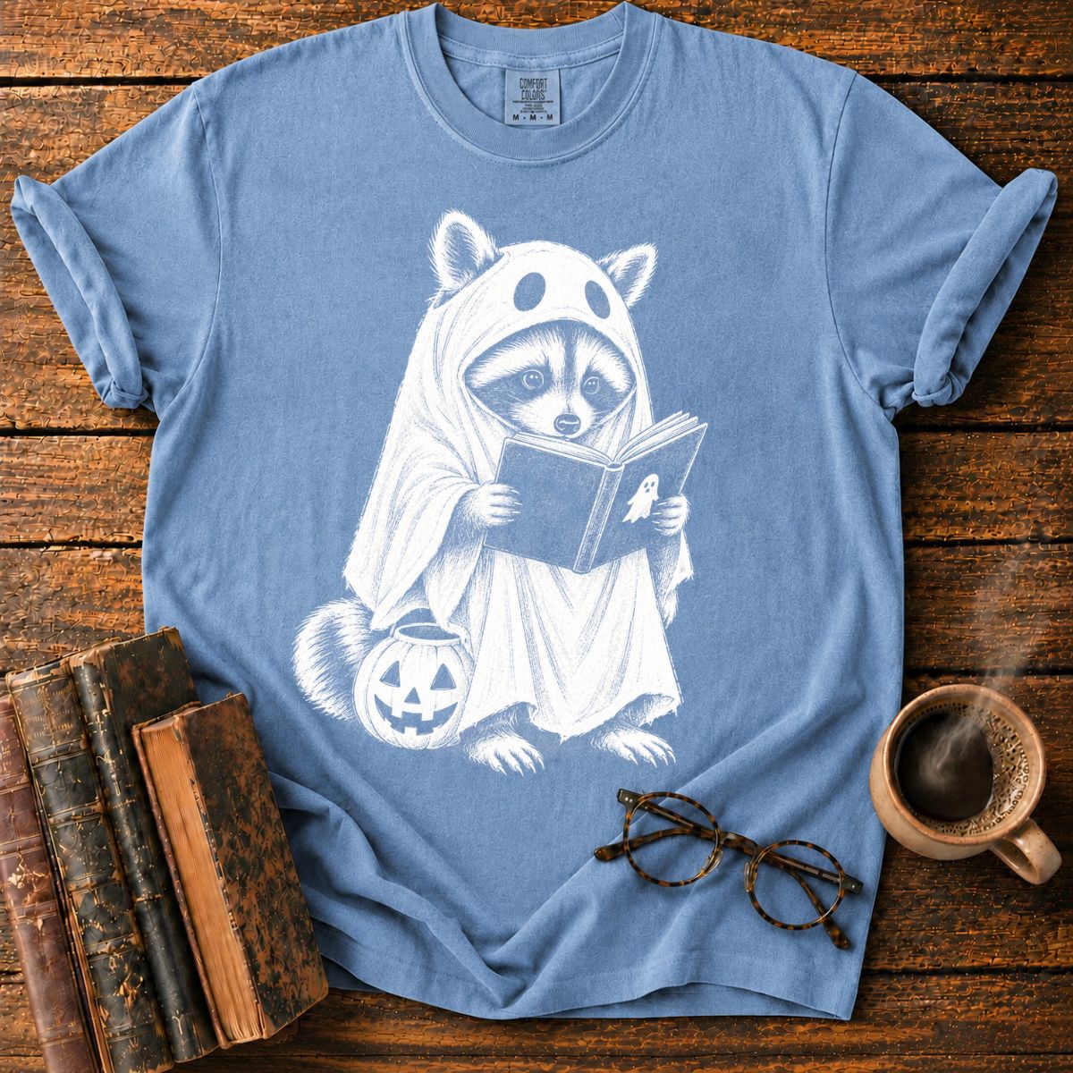 Ghostly Raccoon Reading by Pumpkin T-Shirt