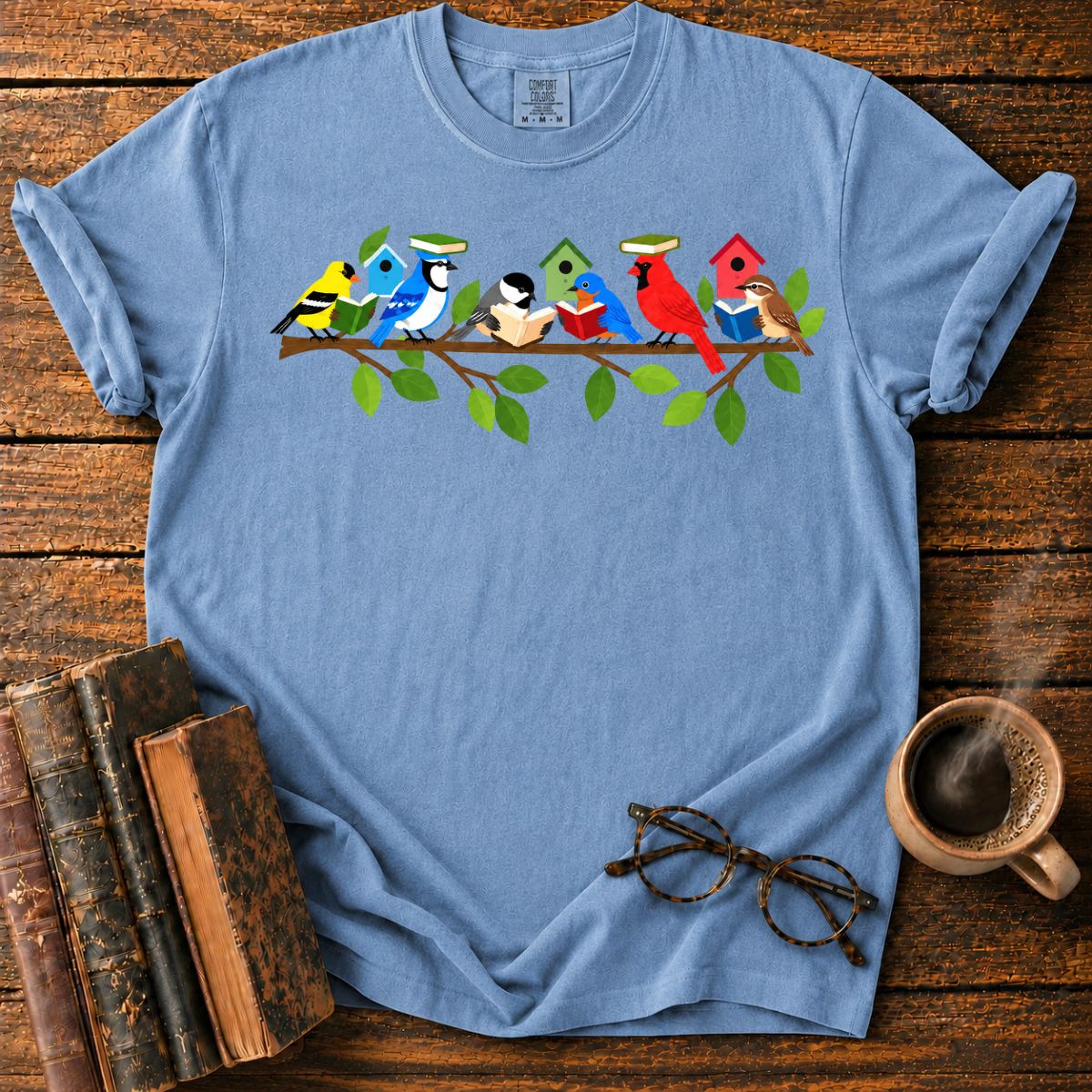 Whimsical Birds’ Reading Branch T-Shirt