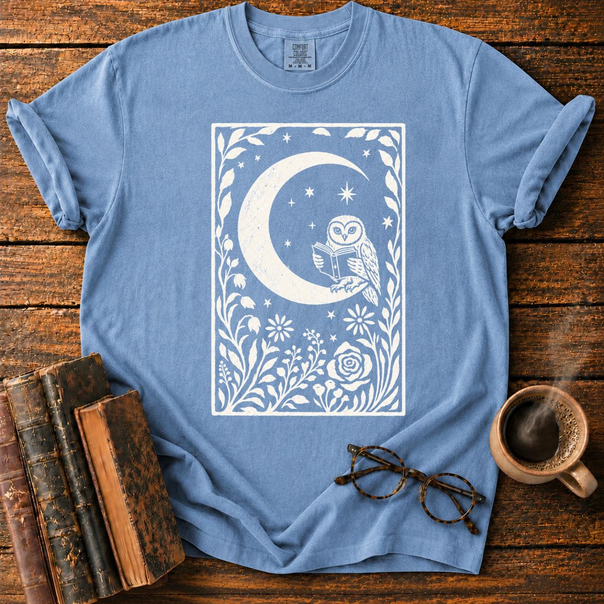 Owl Reading Beneath the Stars T-Shirt