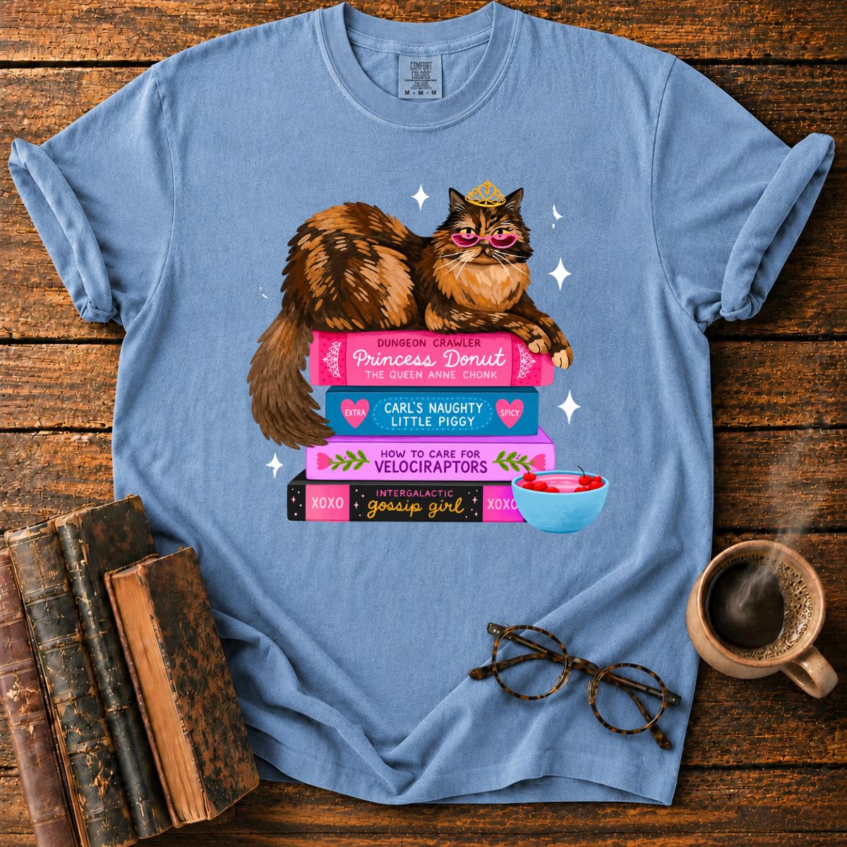 Princess Cat Book Stack Bookish T-Shirt