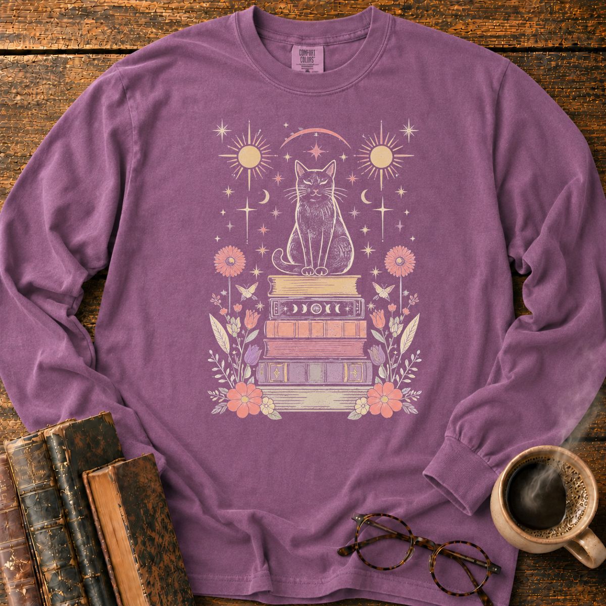 Celestial Black Cat Book Stack LS T-Shirt