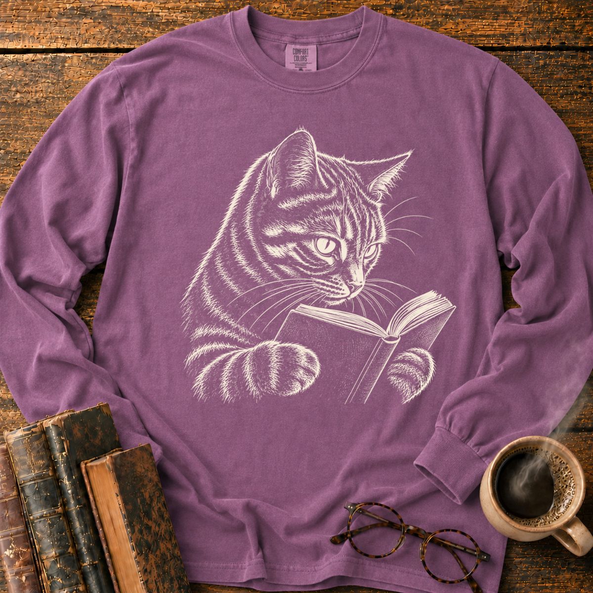 Tabby Cat Reading LS T-Shirt