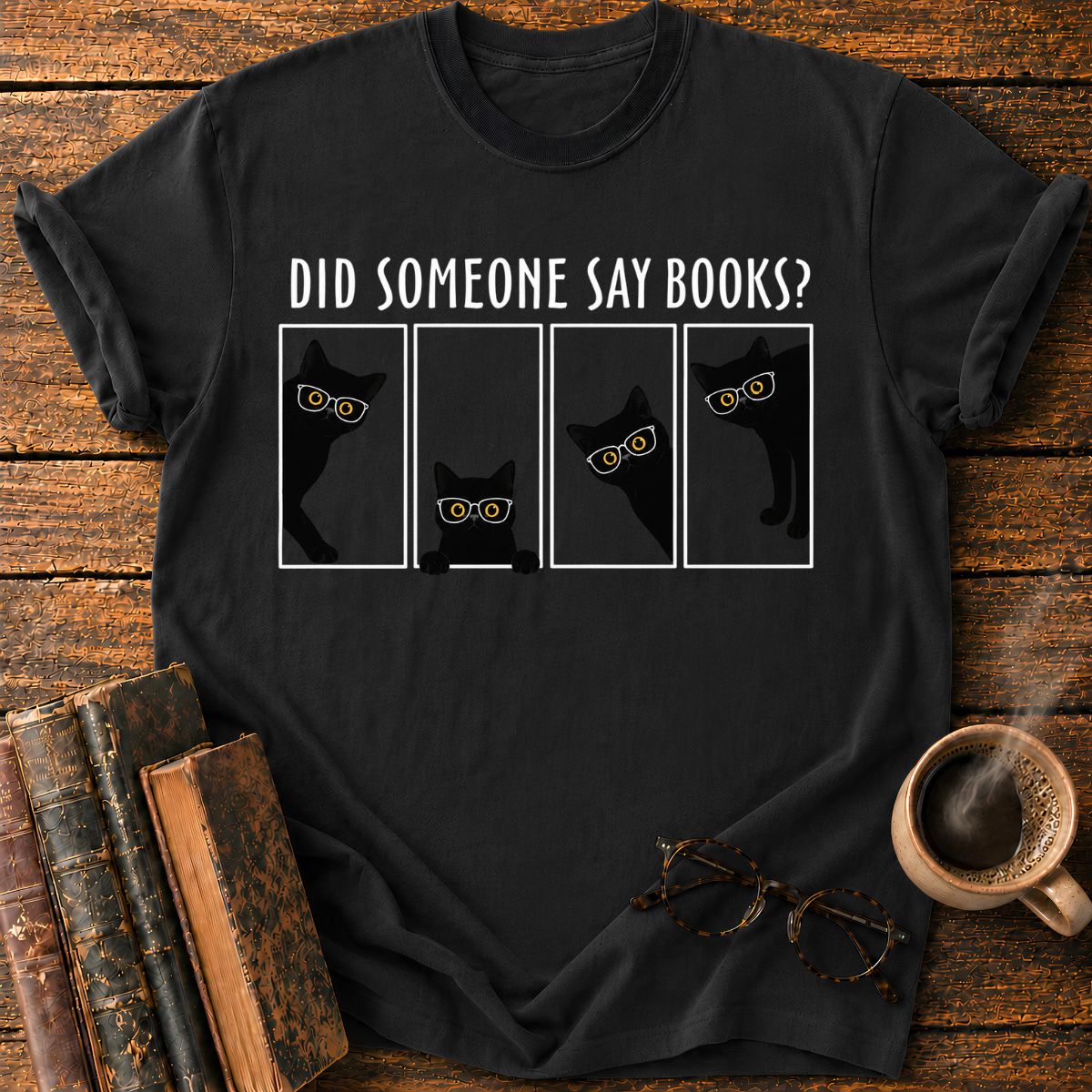 Bookish Cats in Comic Panels T-Shirt