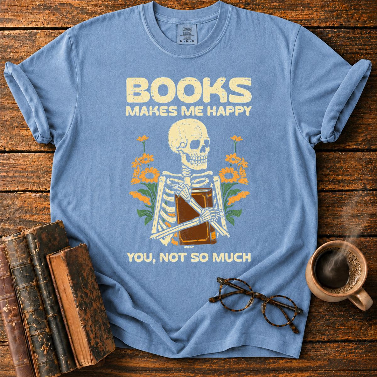 Books Make Me Happy Skeleton Floral T-Shirt