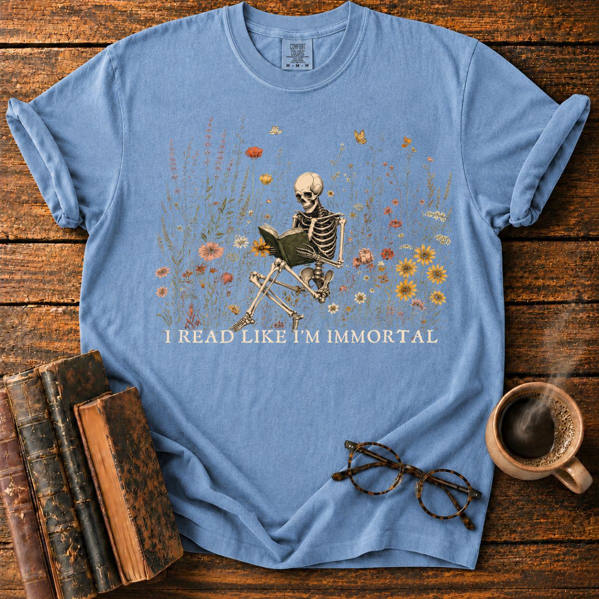 Immortal Reader in a Wildflower T-Shirt