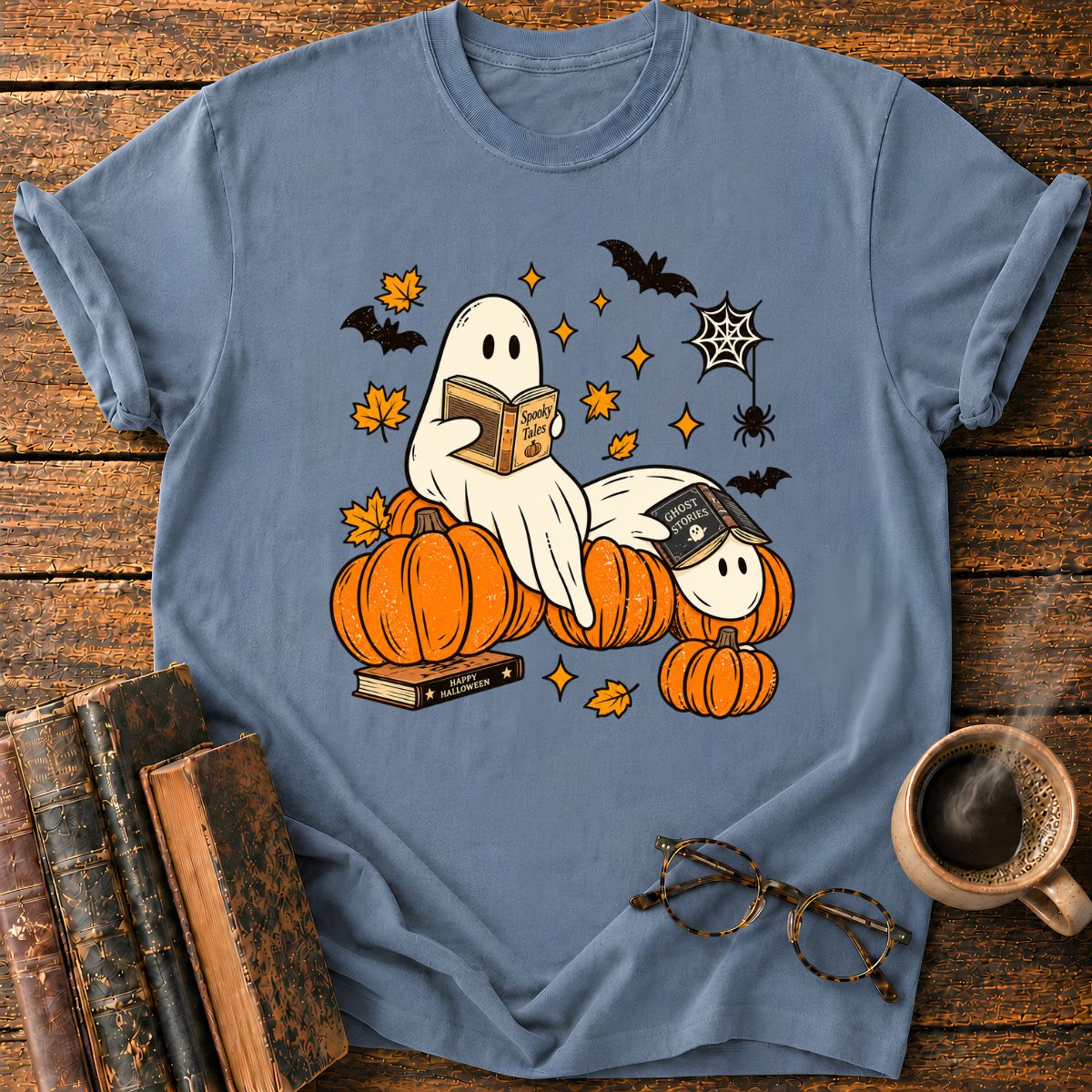 Ghost Reading A Book in Halloween T-Shirt