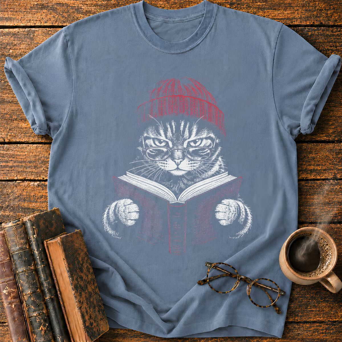 Cat with Red Beanie and Book T-Shirt