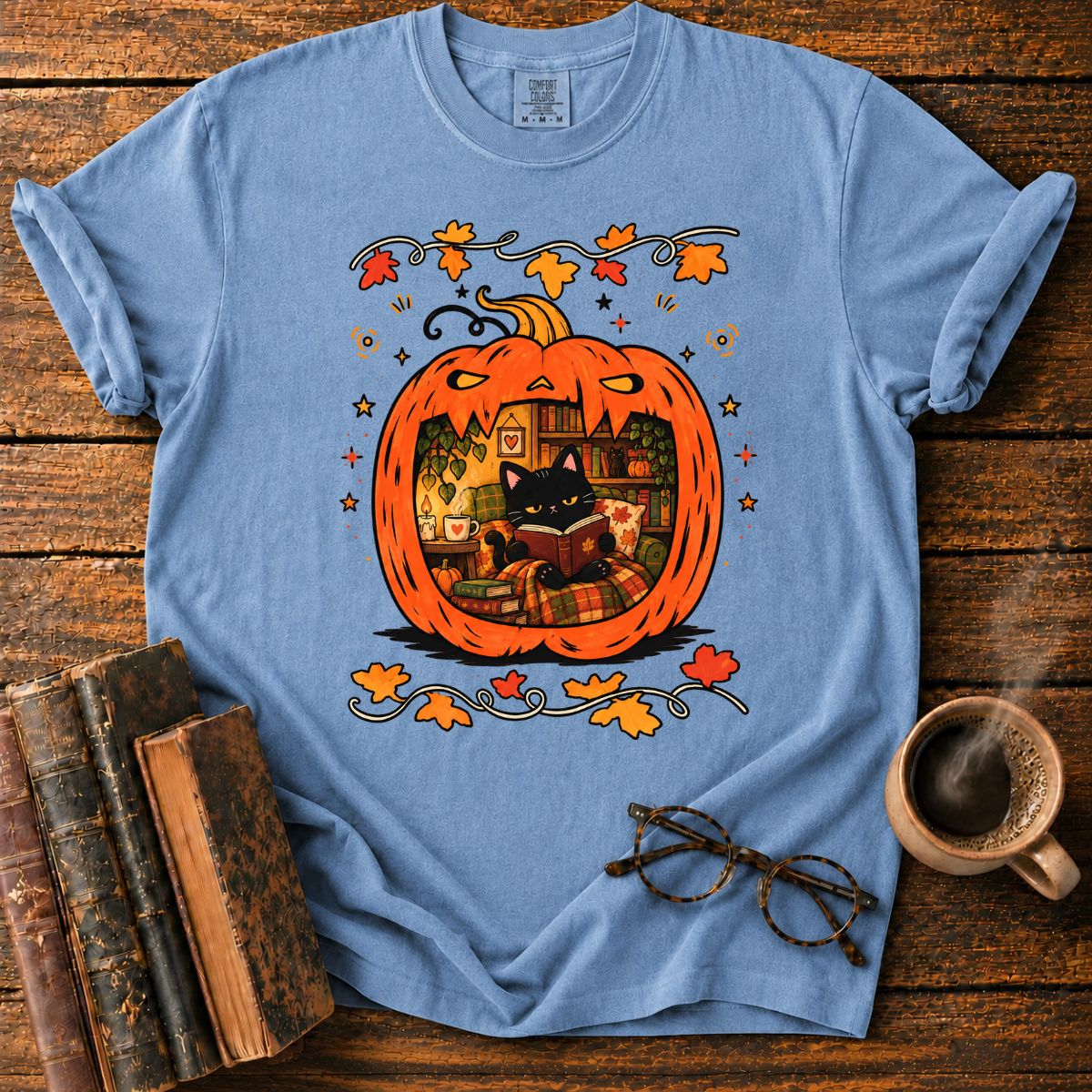 Cozy Pumpkin Reading Nook with Cat T-Shirt