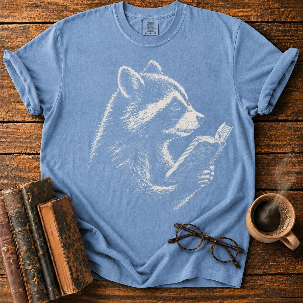 Vintage Engraved Raccoon Reading T-Shirt