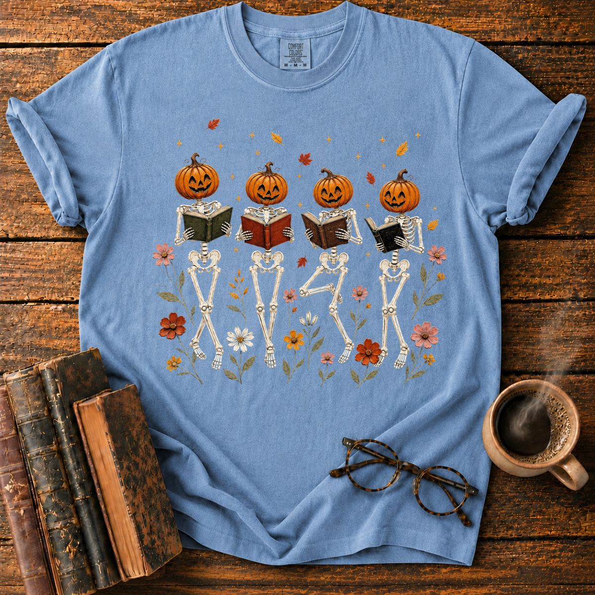Skeletons Reading Among Autumn Flowers T-Shirt