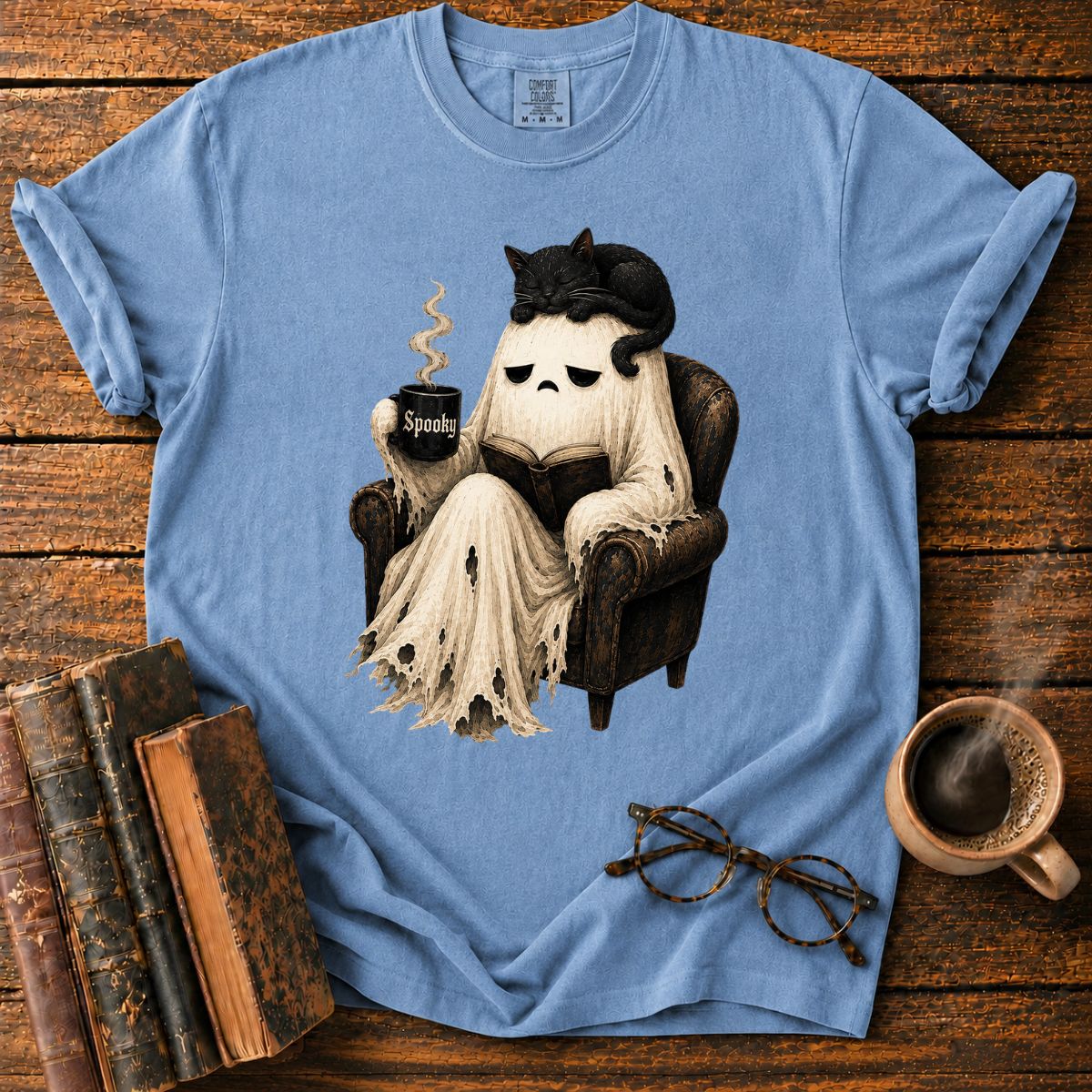Sleepy Ghost Reading with a Cat T-Shirt