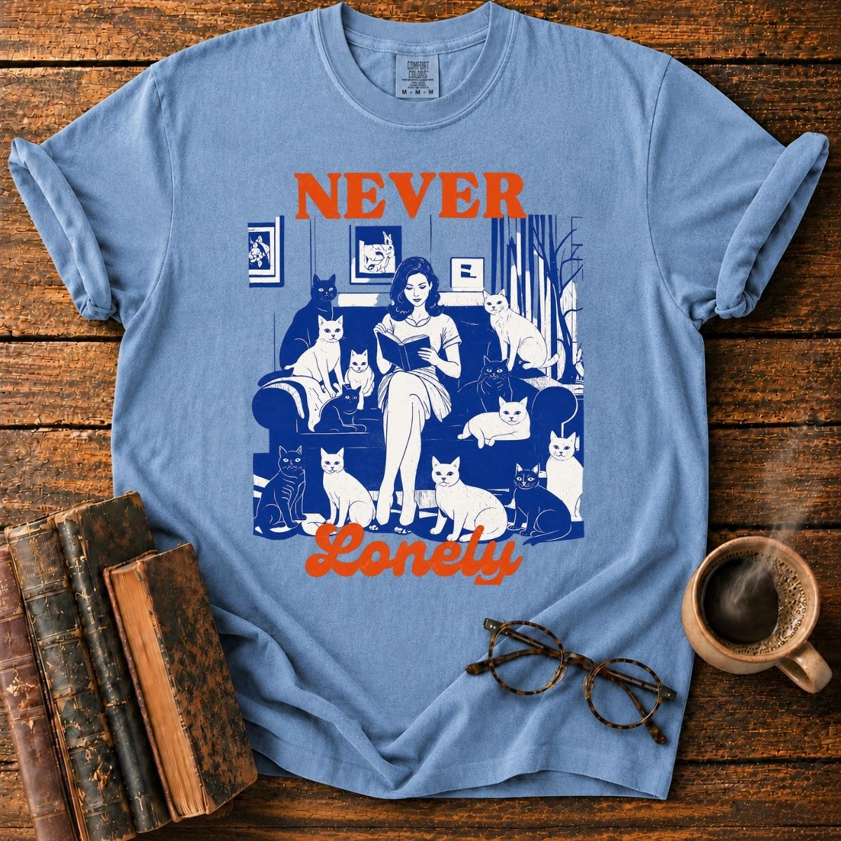 Never Lonely_ Cats and Cozy Reading T-Shirt