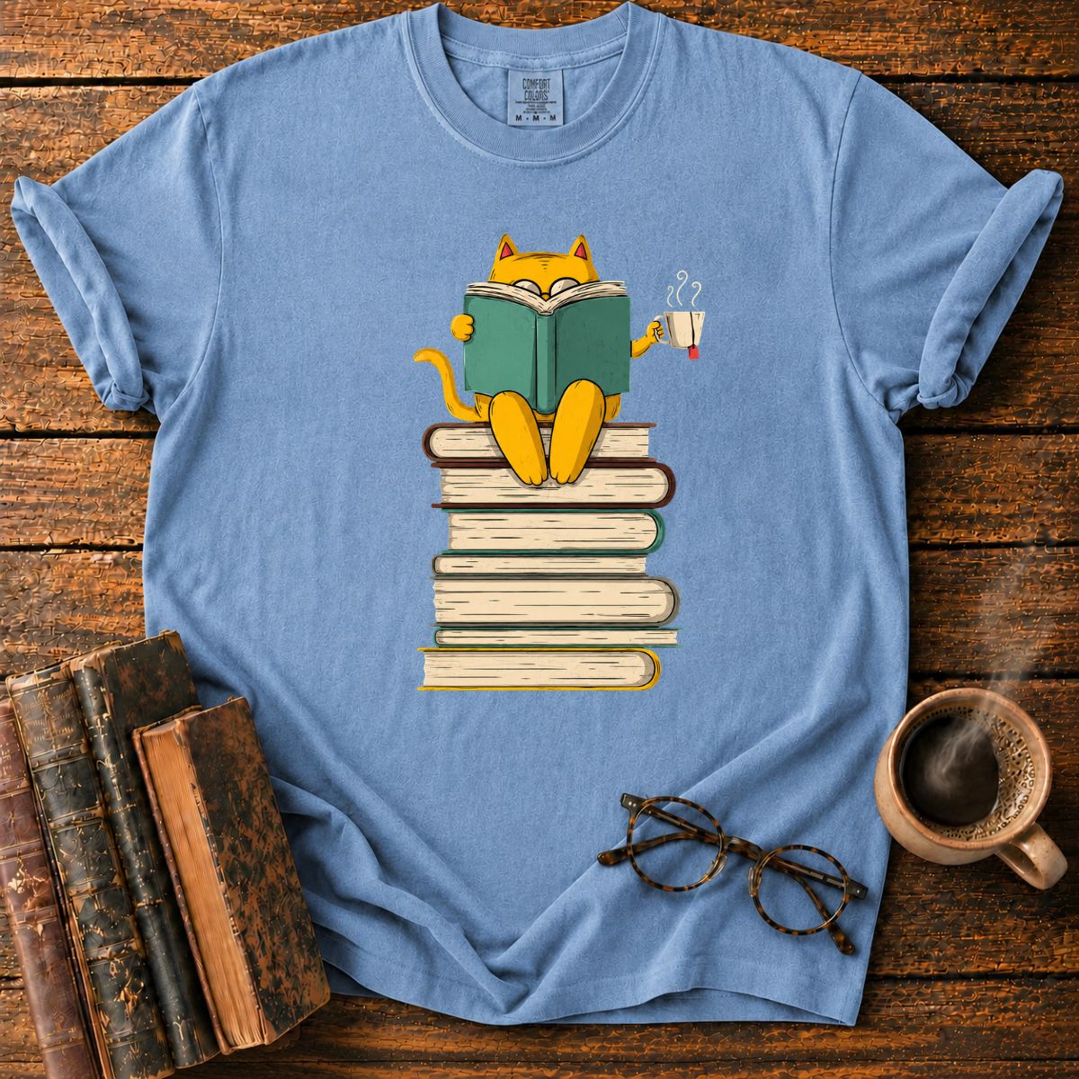 Cat Reading Atop a Tower of Books T-Shirt