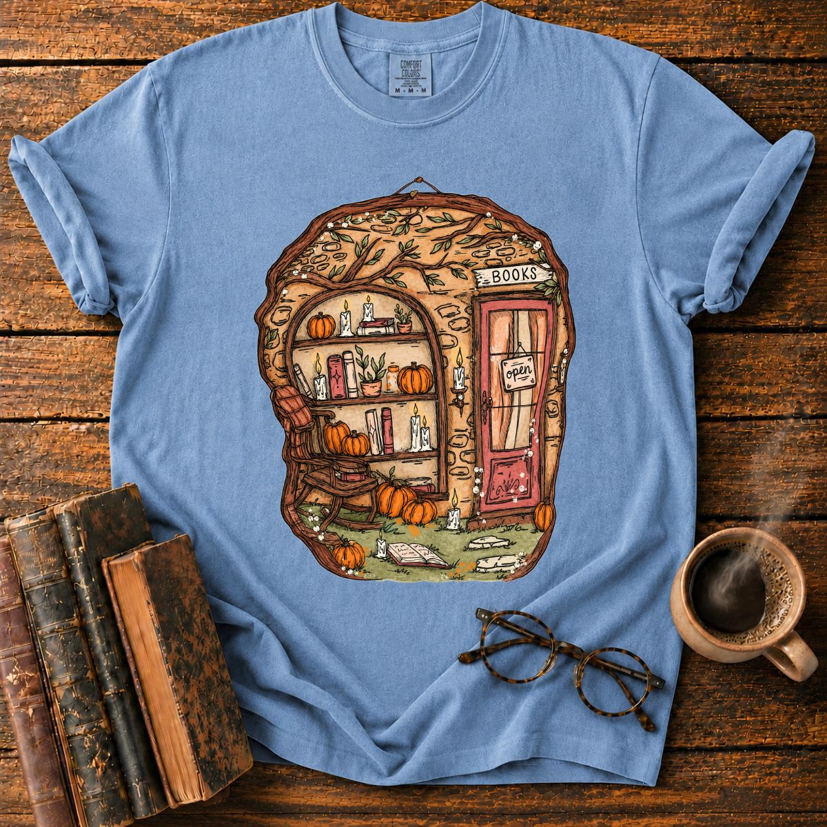Whimsical Autumn Treehouse Bookstore T-Shirt