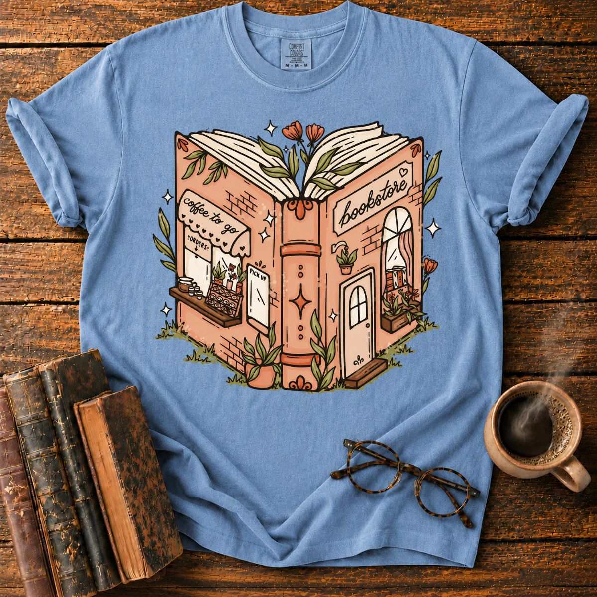Whimsical Open-Book Bookstore Coffee T-Shirt