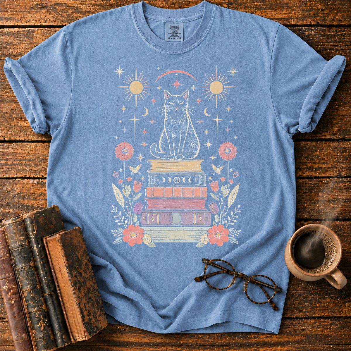 Celestial Black Cat Book Stack T-Shirt