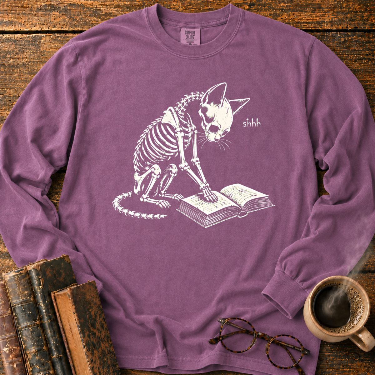 Shhh Skeleton Cat Reading LS T-Shirt
