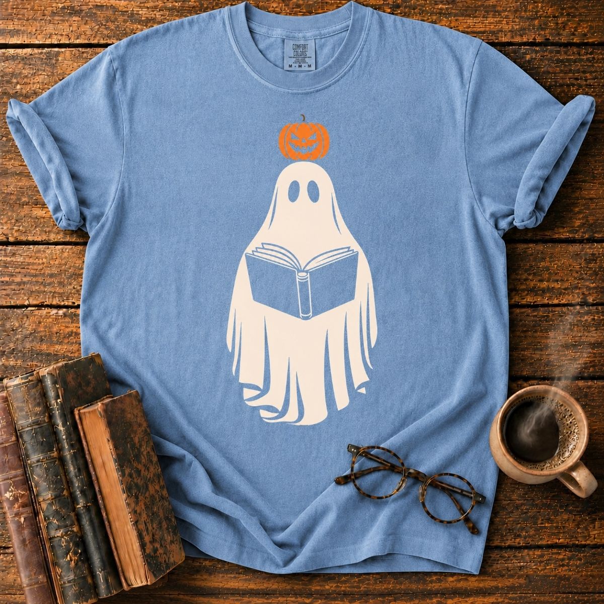 Pumpkin-Topped Ghost Reading a Book T-Shirt