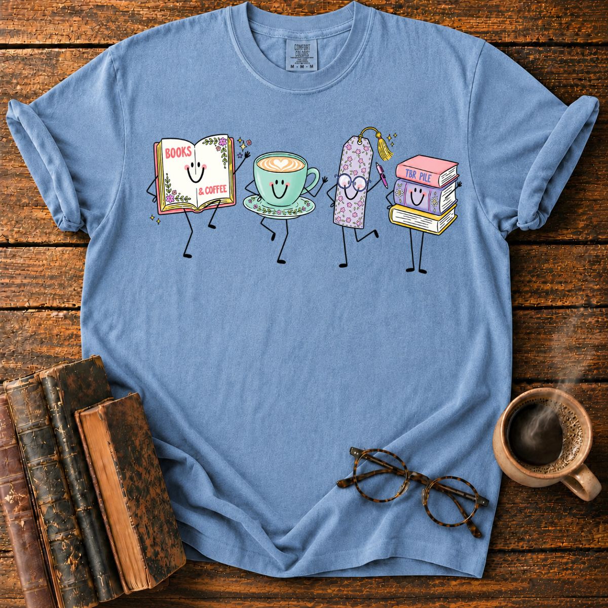 Books, Coffee, and Cheerful Bookish Friends T-Shirt