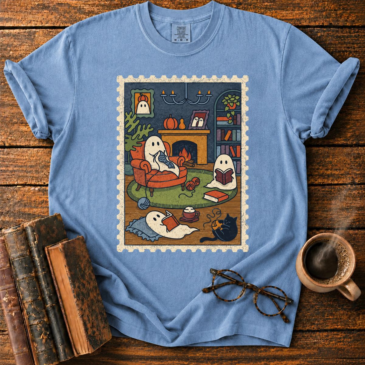 Cozy Ghost Reading Stamp T-Shirt