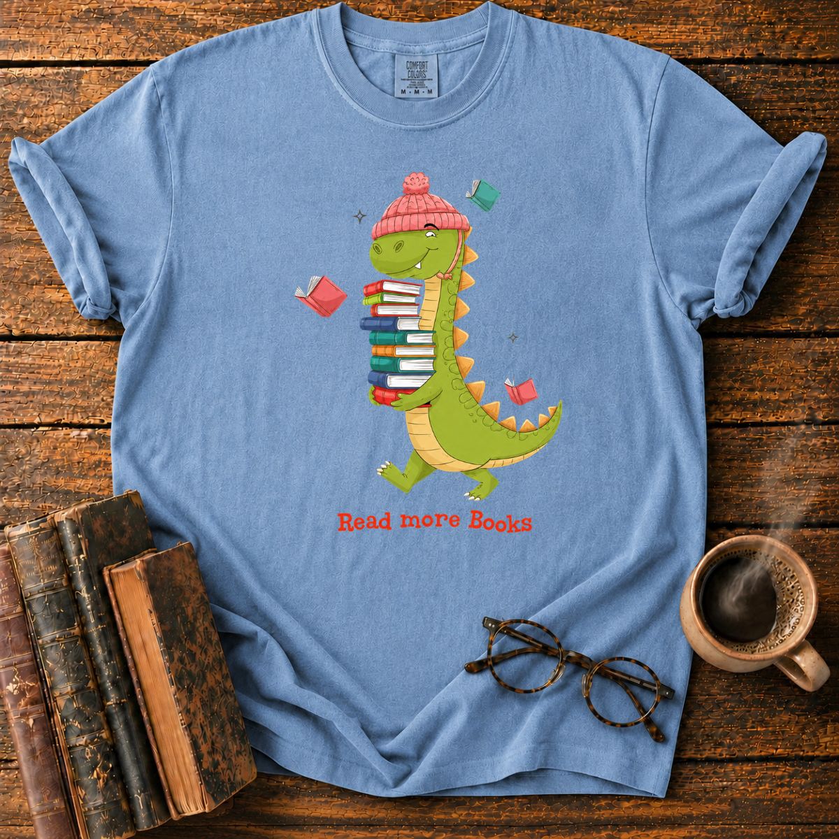 Dinosaur With Books T-Shirt