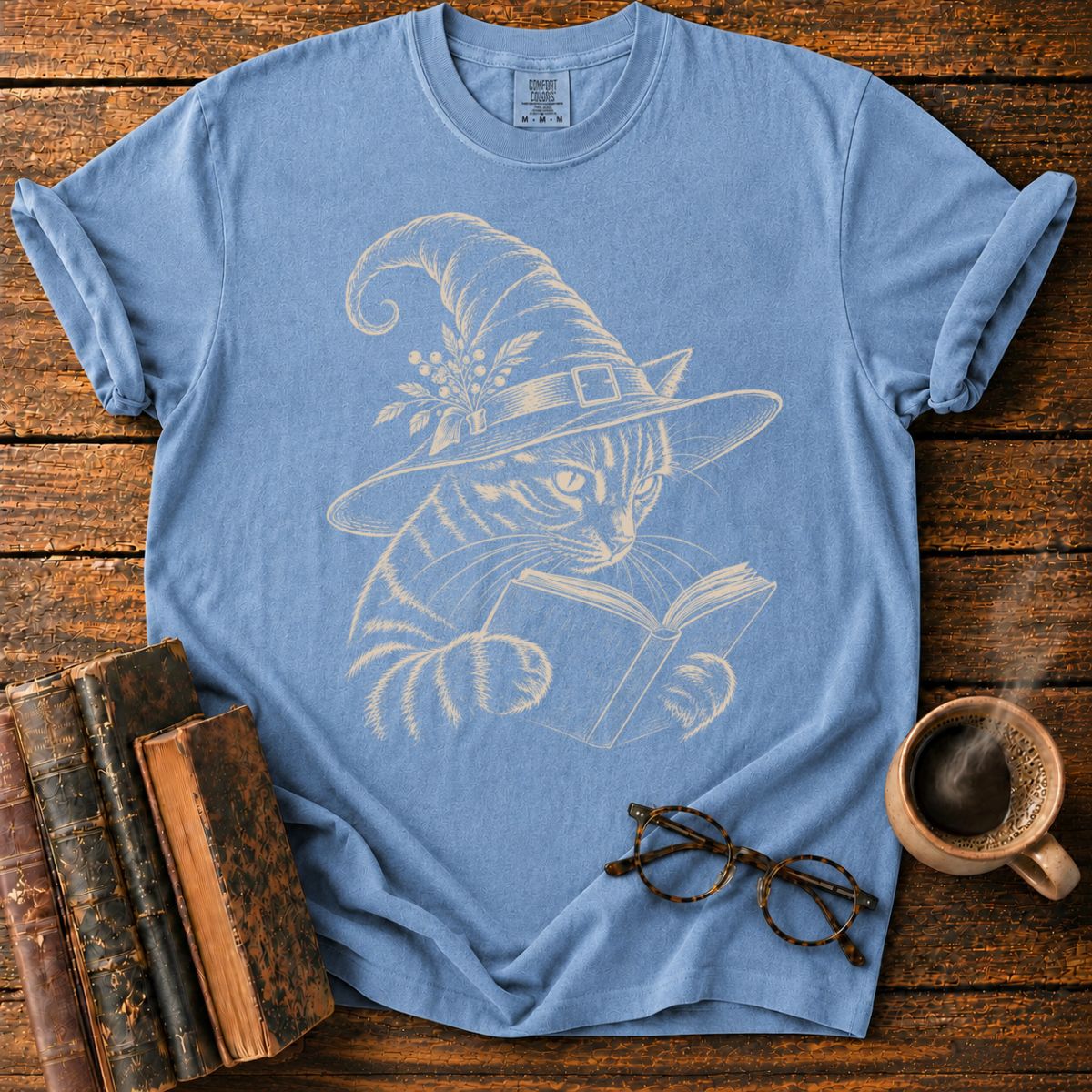 Vintage Witch Cat Reading a Book T-Shirt