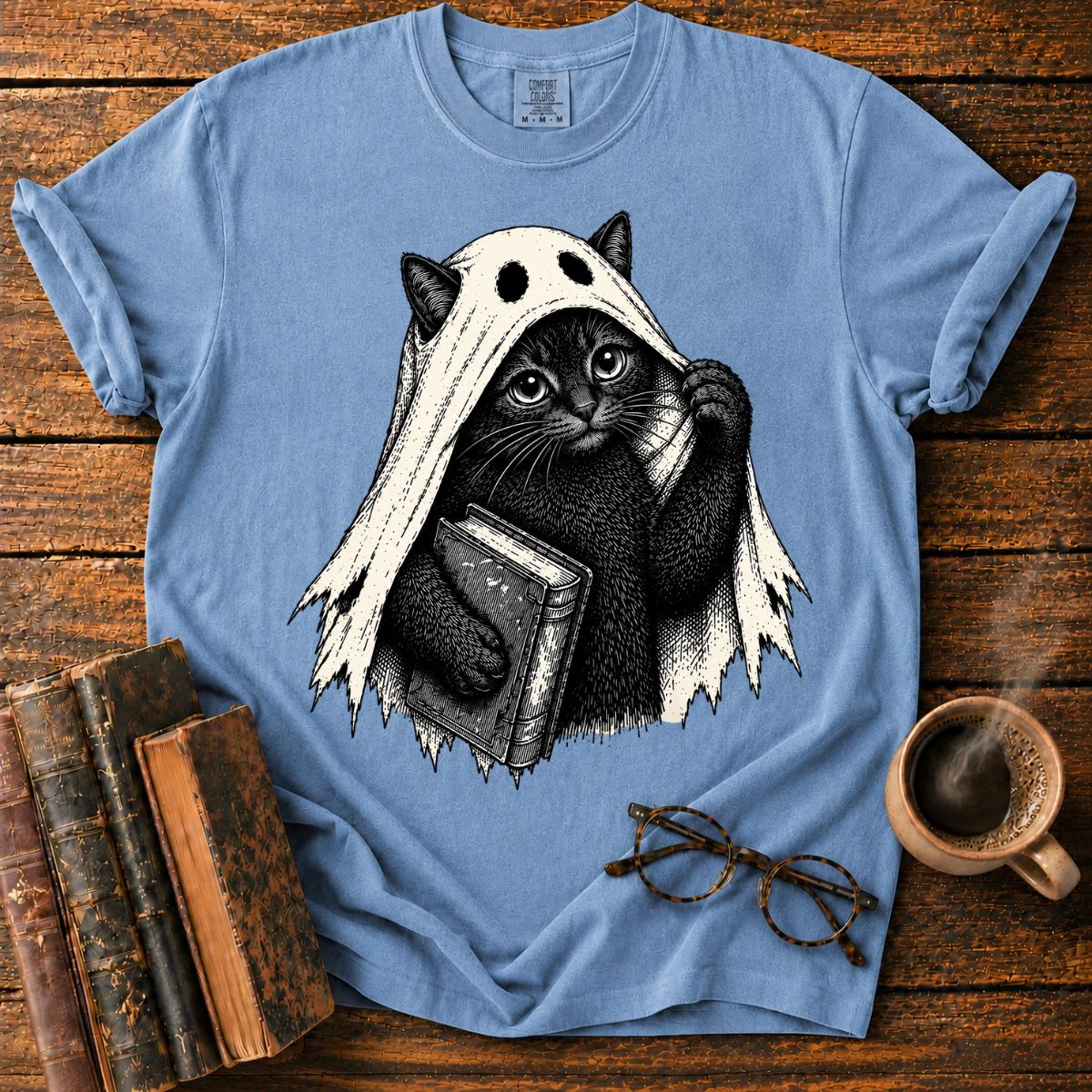 Ghost Black Cat with Haunted Book T-Shirt