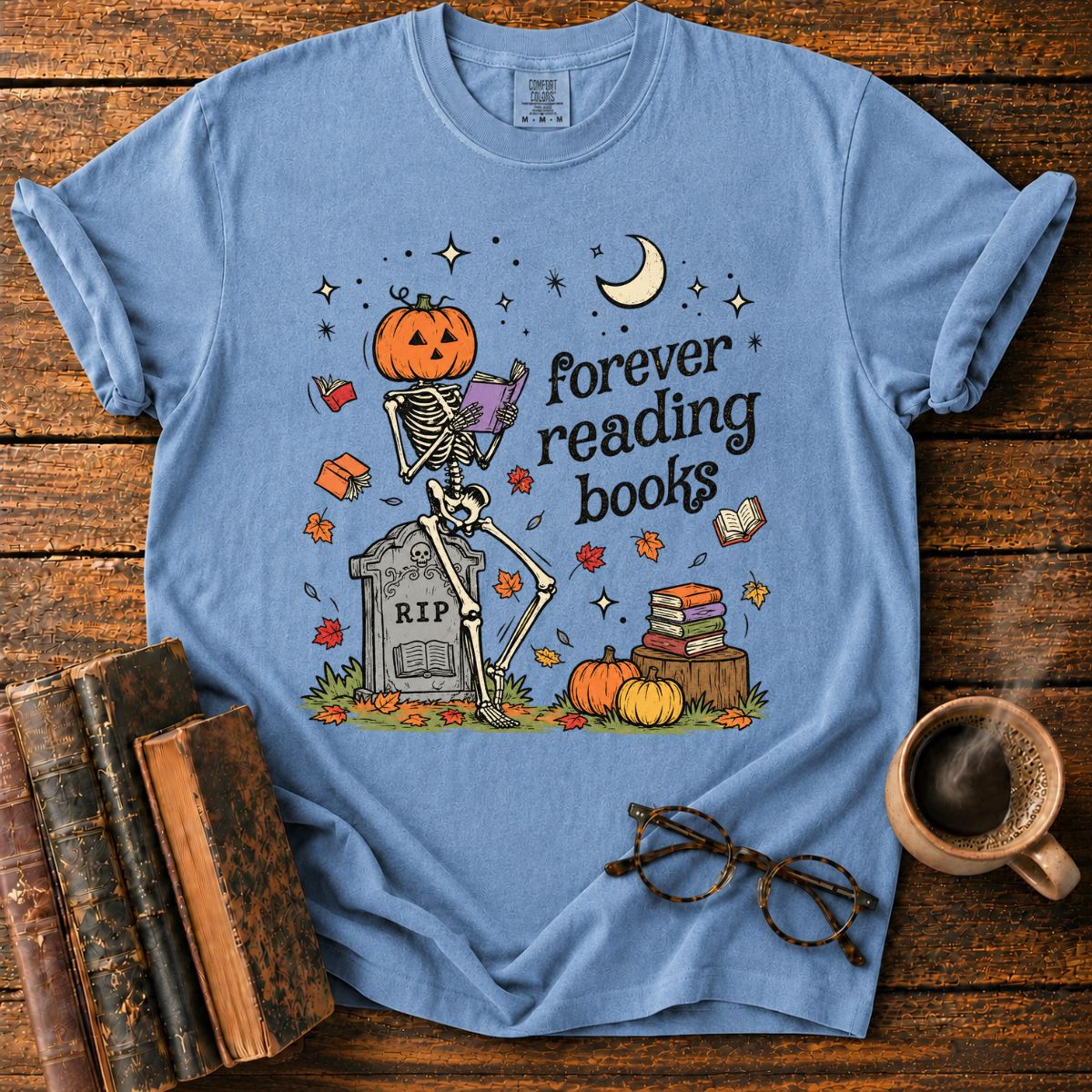 Forever Reading Books Pumpkin Skeleton T-Shirt