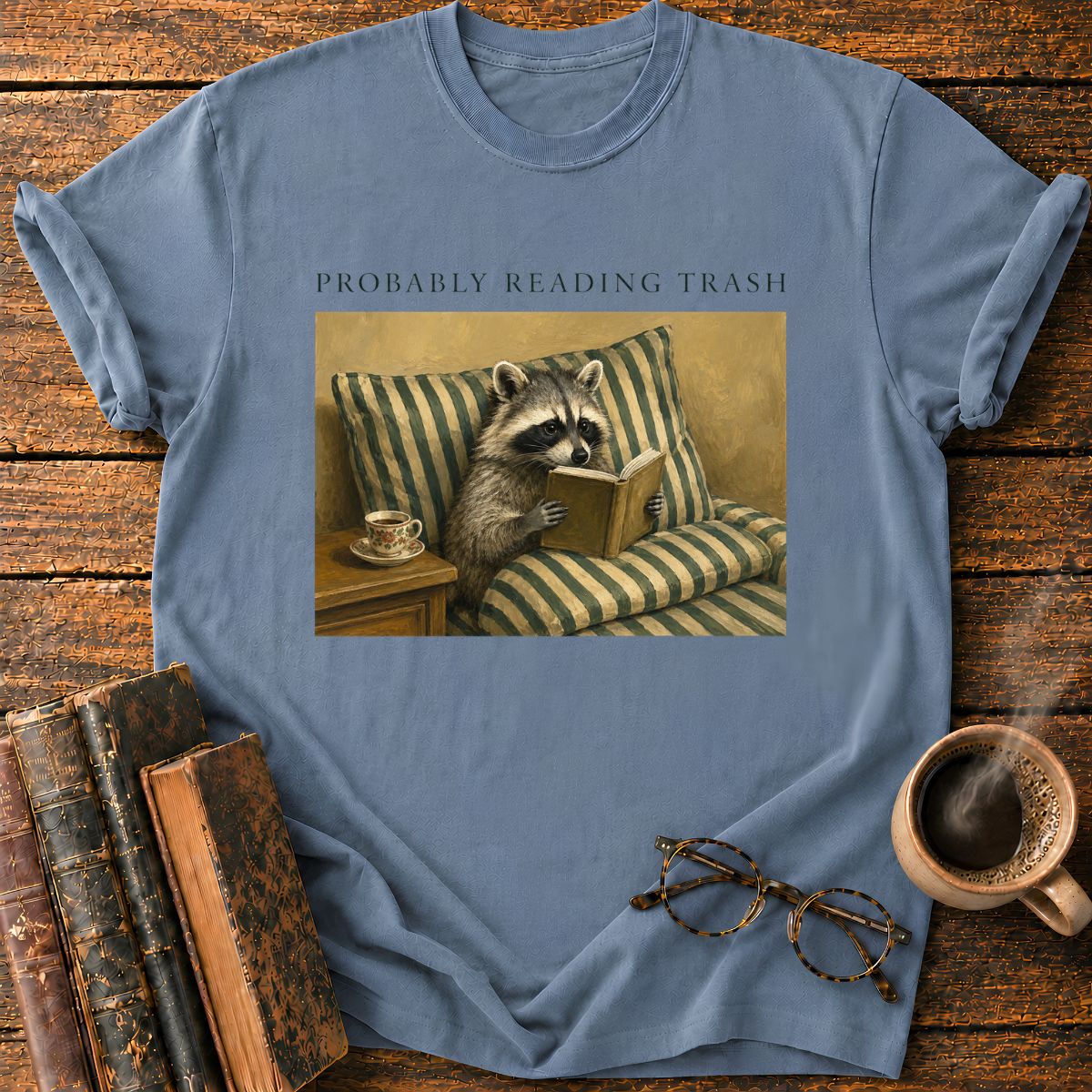 Raccoon Reading in Striped Comfort T-Shirt