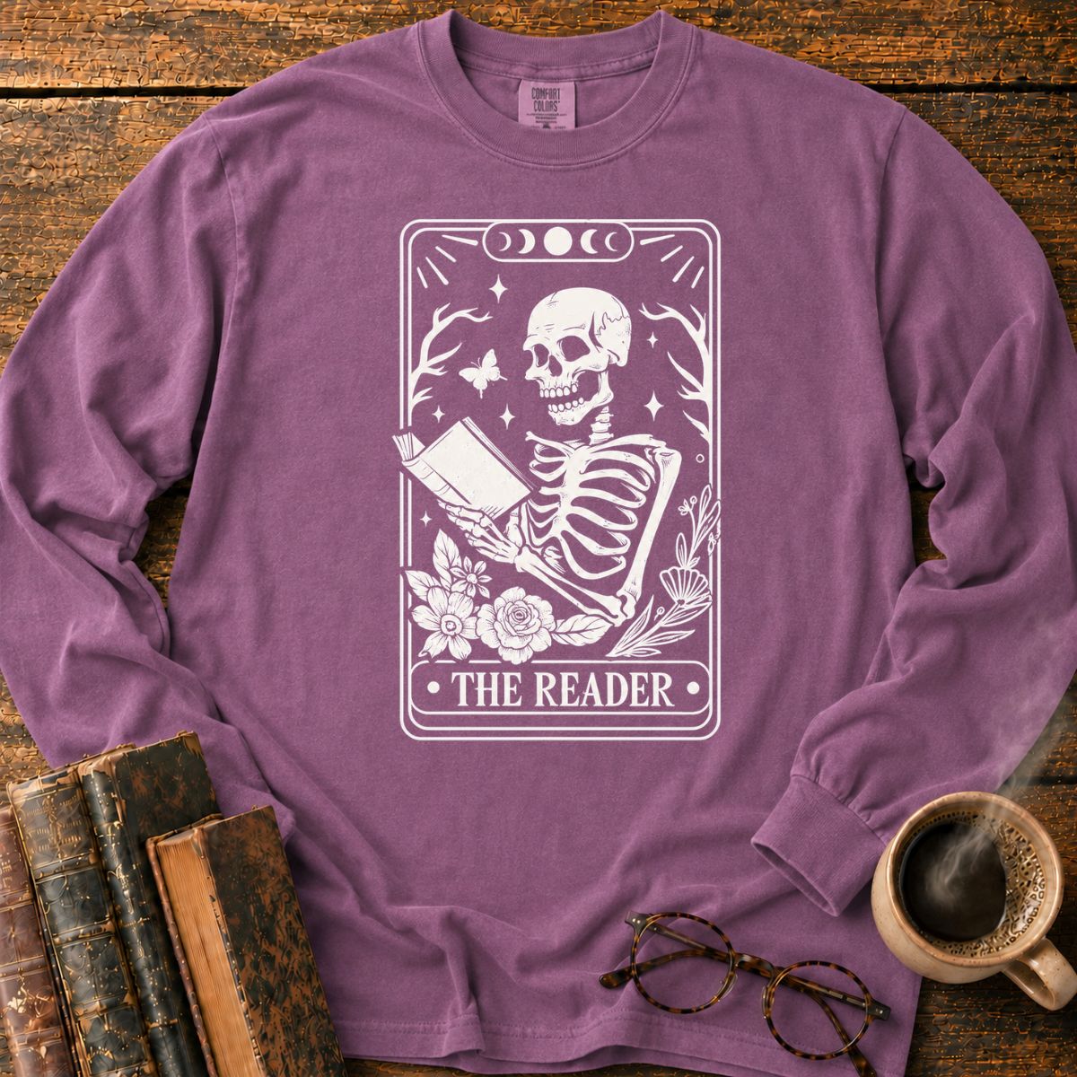 The Reader Skeleton Tarot LS T-Shirt