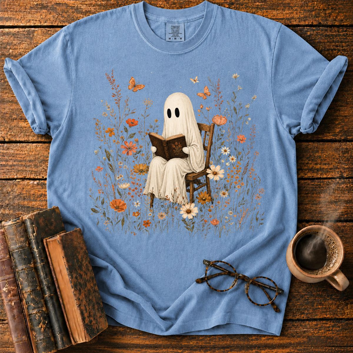 Ghost Reading in a Wildflower T-Shirt