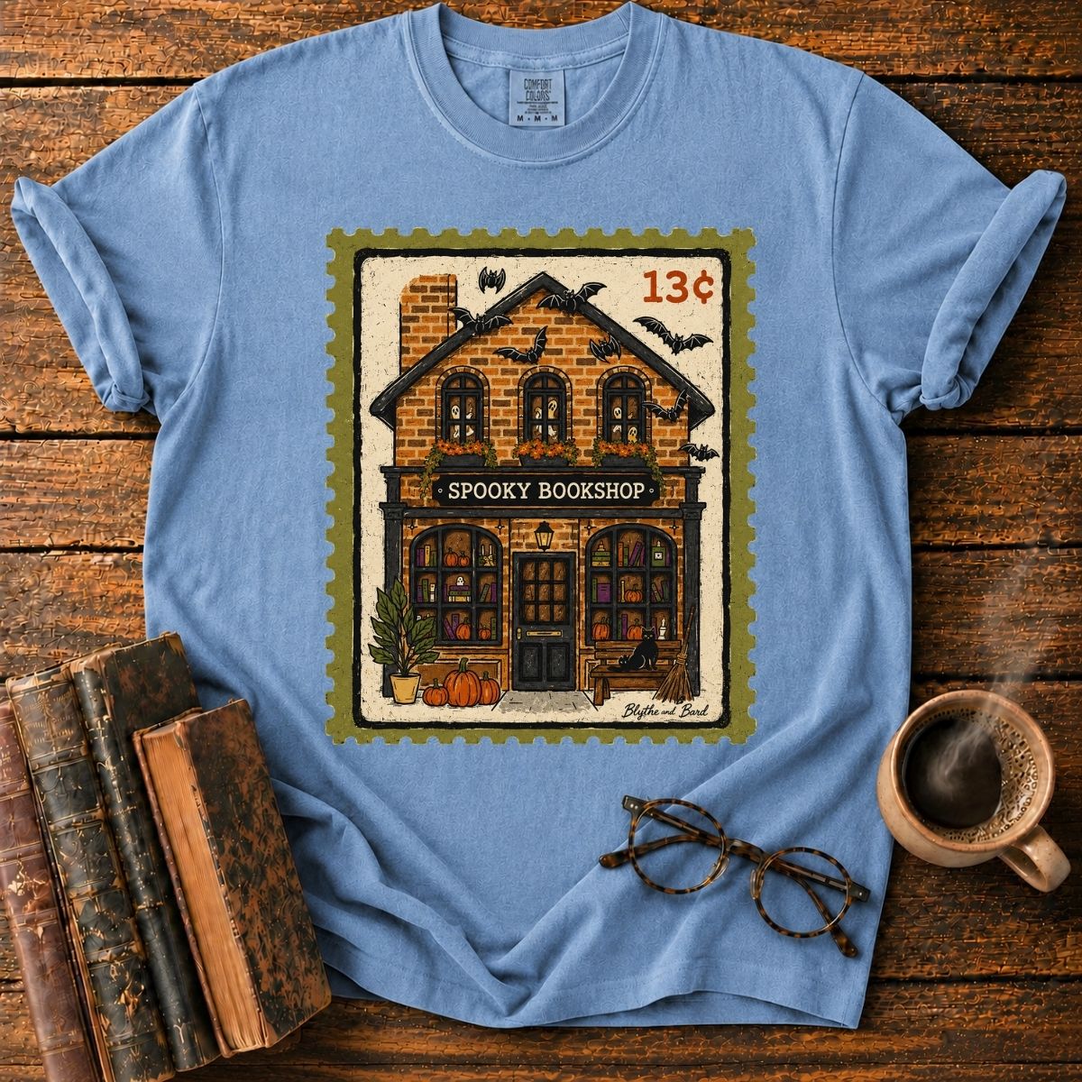 Spooky Bookshop Halloween Stamp T-Shirt