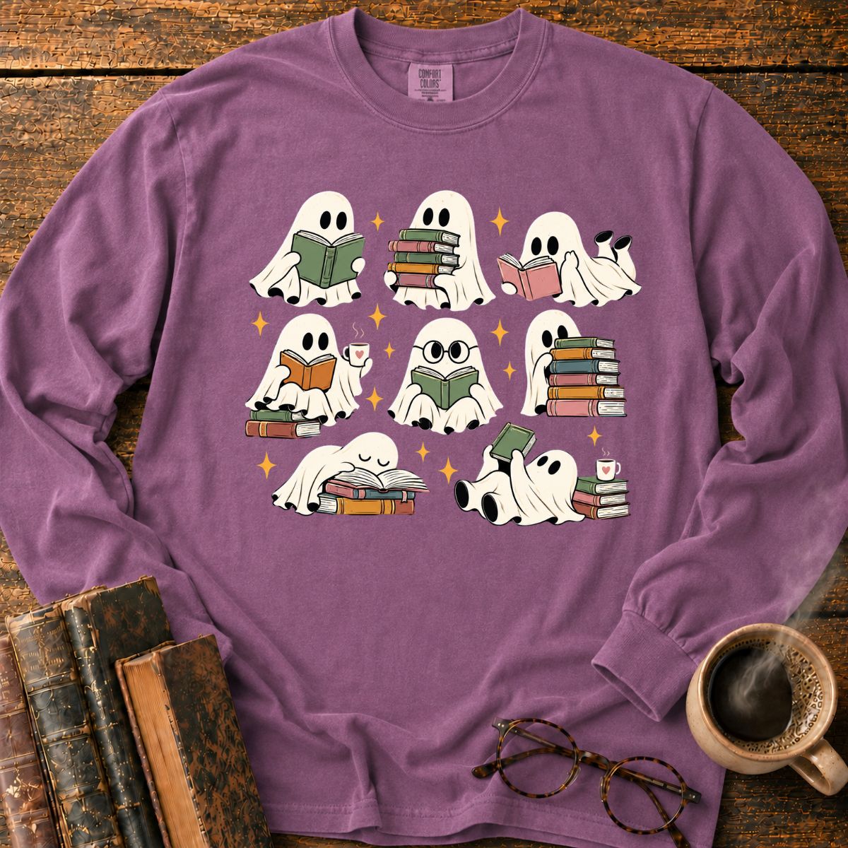 Cozy Ghosts Reading Books LS T-Shirt
