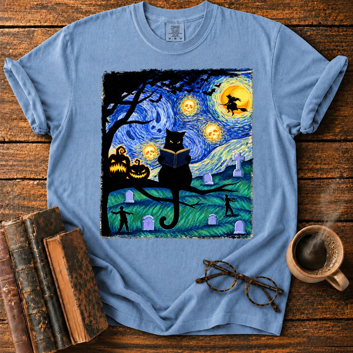 Black Cat Reading Under Skull Moon T-Shirt