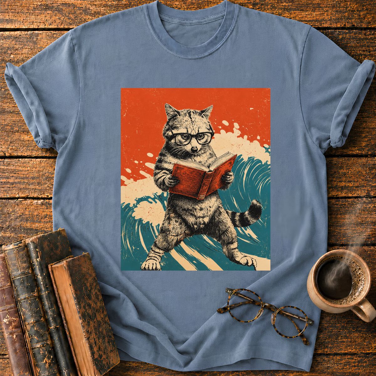 Vintage Cat Reading By The Sea T-Shirt
