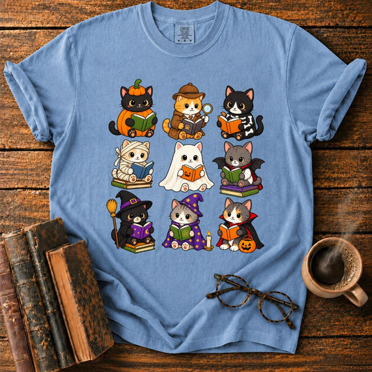 Kawaii Halloween Cat Reading T-Shirt