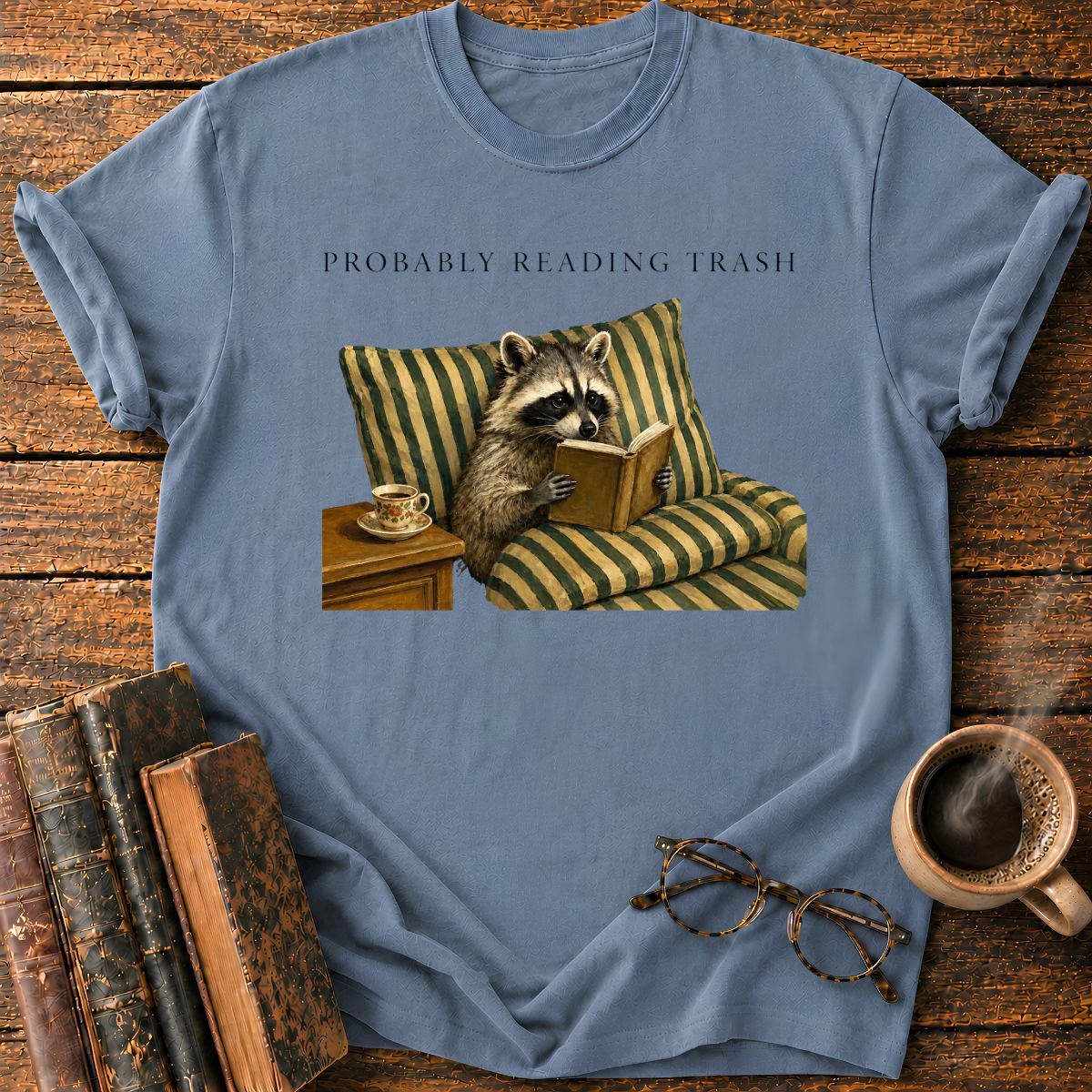 Raccoon Reading in Striped Comfort T-Shirt