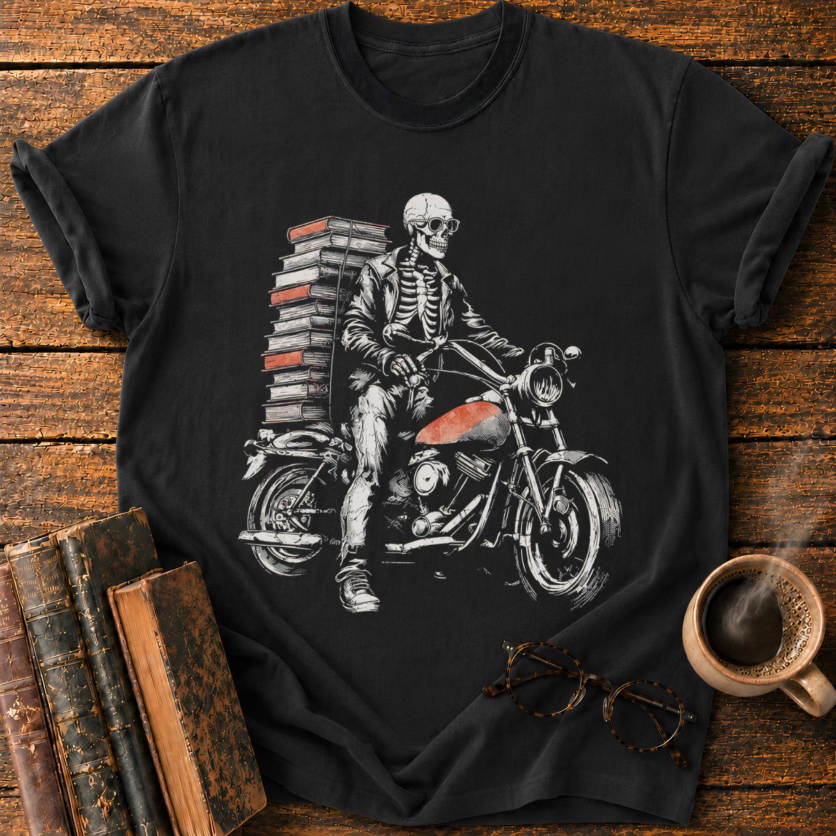 Skeletal Biker’s Tower of Books T-Shirt