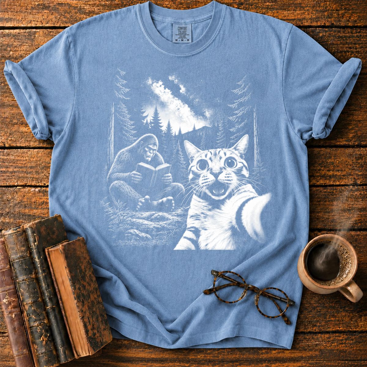Moonlit Bigfoot and Cat Reading T-Shirt
